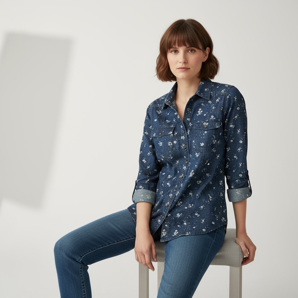 Warehouse One Lightweight Floral Denim Tabbed Sleeve Shirt Size 14